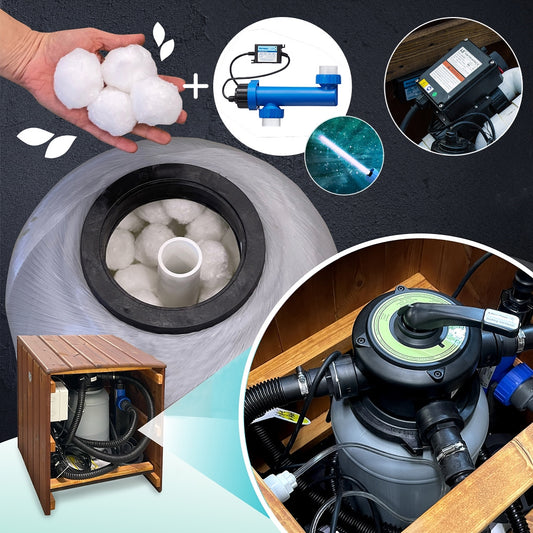 Nahaufnahme eines Wasserfiltersystems mit Filterkugeln, UV-Sterilisator, Pumpe und Aufbau in einem Holzgehäuse