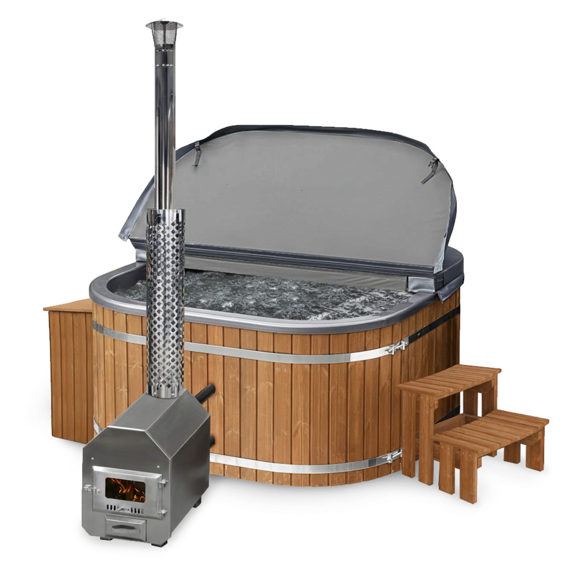 Wood-fired hot tub with external heater, stove, filter and curved steps on a white background