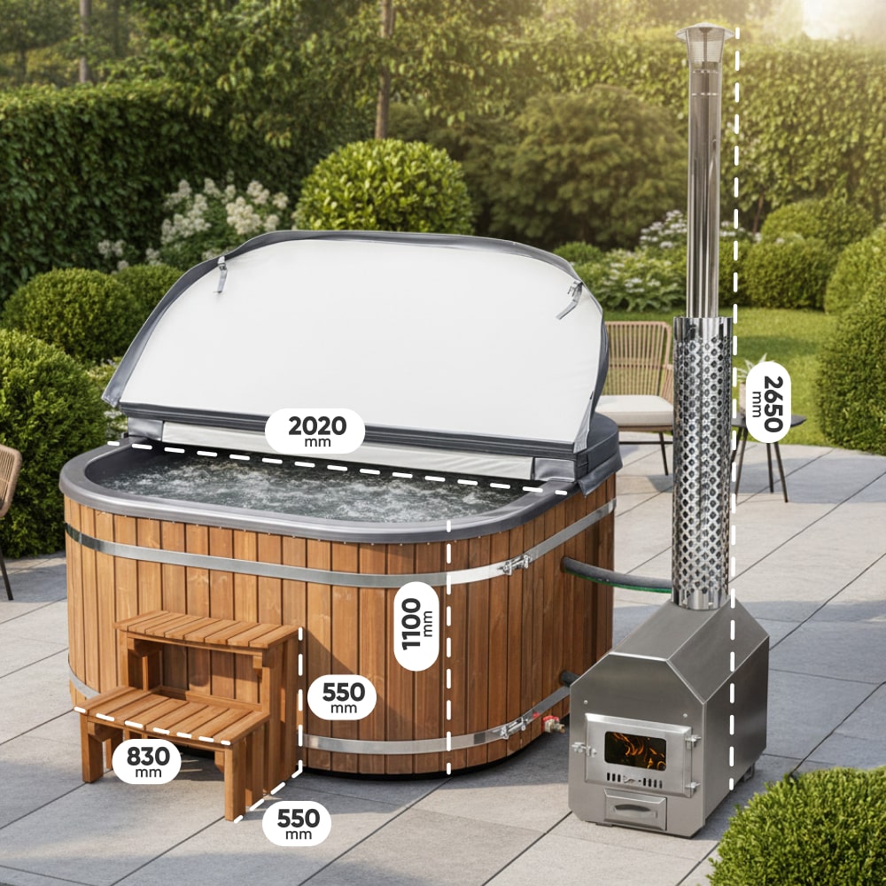 Outdoor view of wood fired hot tub with wooden steps, open insulated cover, and tall chimney stove with firebox dimensions.