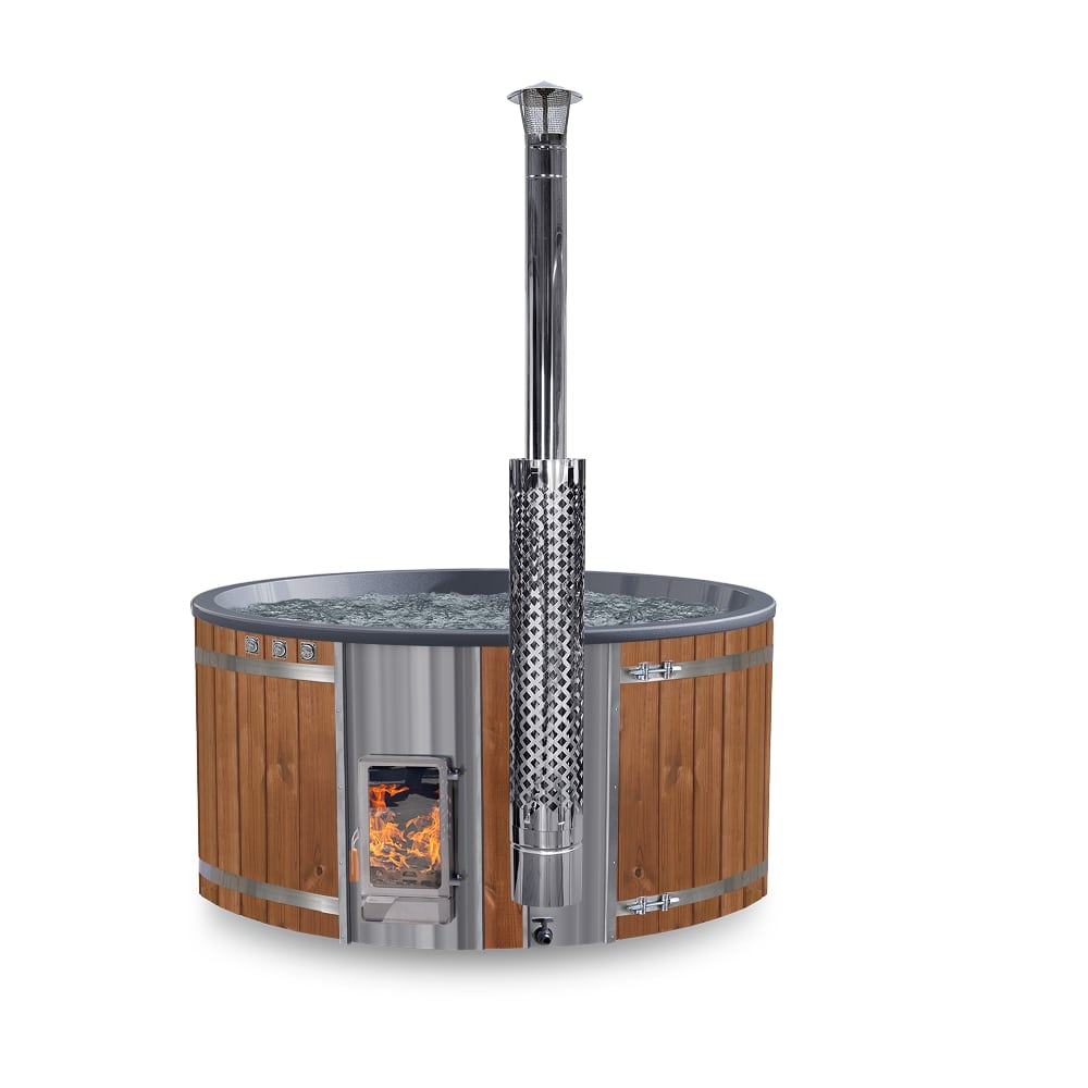 Front view of configurable 4-6 seater wood fired hot tub with stainless steel chimney and wooden exterior panels