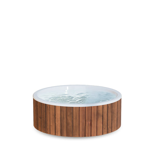 Front view of easy-entry wood-fired hot tub for 4-6 with round wooden exterior and water inside