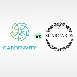 Logos of Gardenvity and Skargards with a comparison 'vs' symbol on a white background