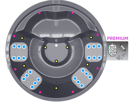 Top view of the layout of the gray round spa insert—hydro and air jets, LED lights, and filter location