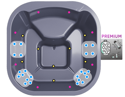 Icon showing the layout of the jets and LEDs in the square tub insert in grey color