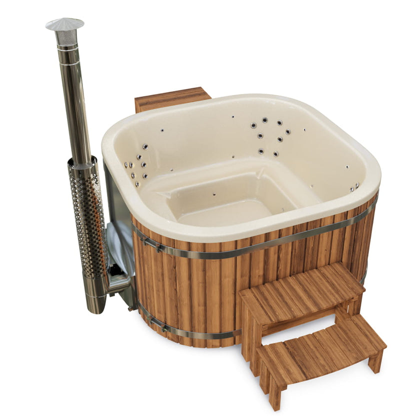 The hot tub is shown from above – with a white sparkle-colored liner and hydro jets