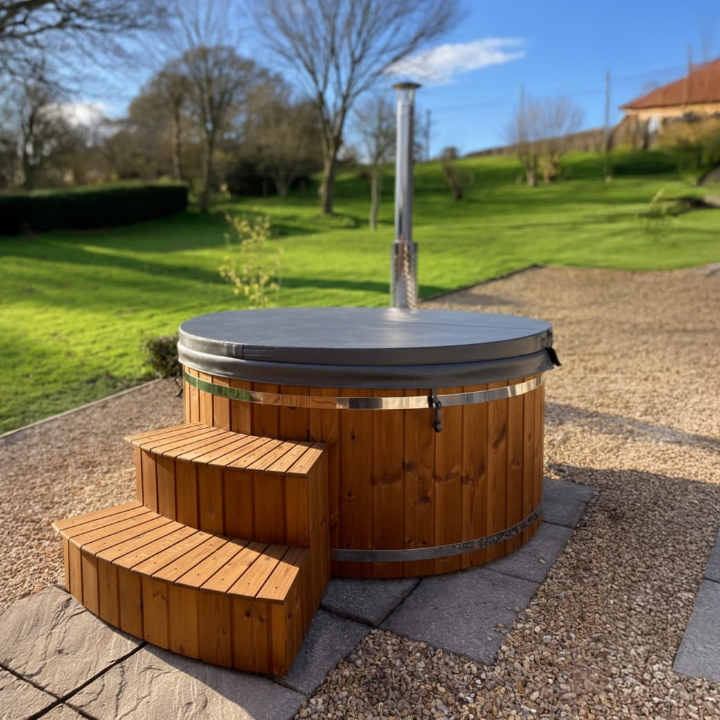 Holz-Whirlpool mit Abdeckung und breiten Stufen im Gartenbereich