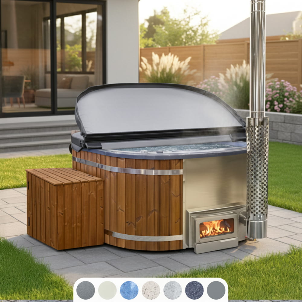 Quadratischer Hot Tub mit Horizon-Ofen, geöffneter isolierter Abdeckung und seitlicher Holzbox für den Filter in einem modernen Garten