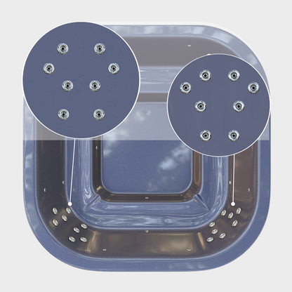 A closer view of the hydro jets in the corners of the gray square hot tub insert—8 jets on each side