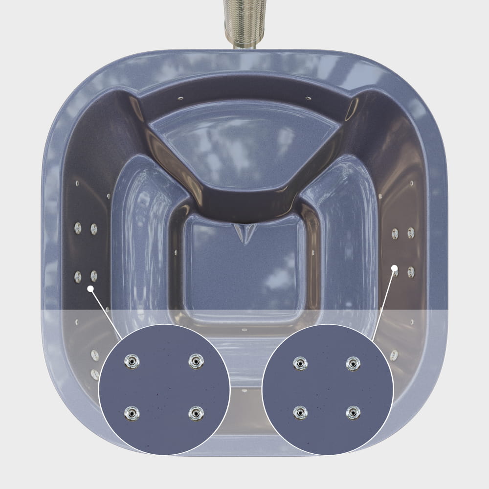 A closer view of the hydro jet layout on the sides of the gray square insert—four jets on each of the opposite walls