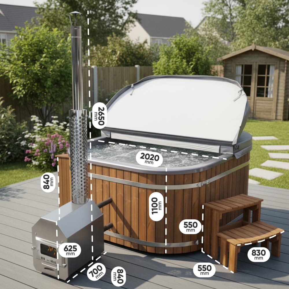 Square hot tub wit hexternal heater with dimensions marked on a wooden deck in a garden setting