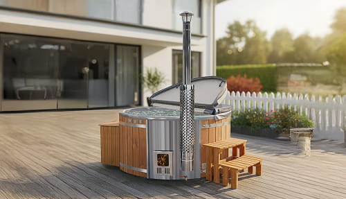 Outdoor hot tub with wooden exterior on a deck with a modern house and garden in the background.