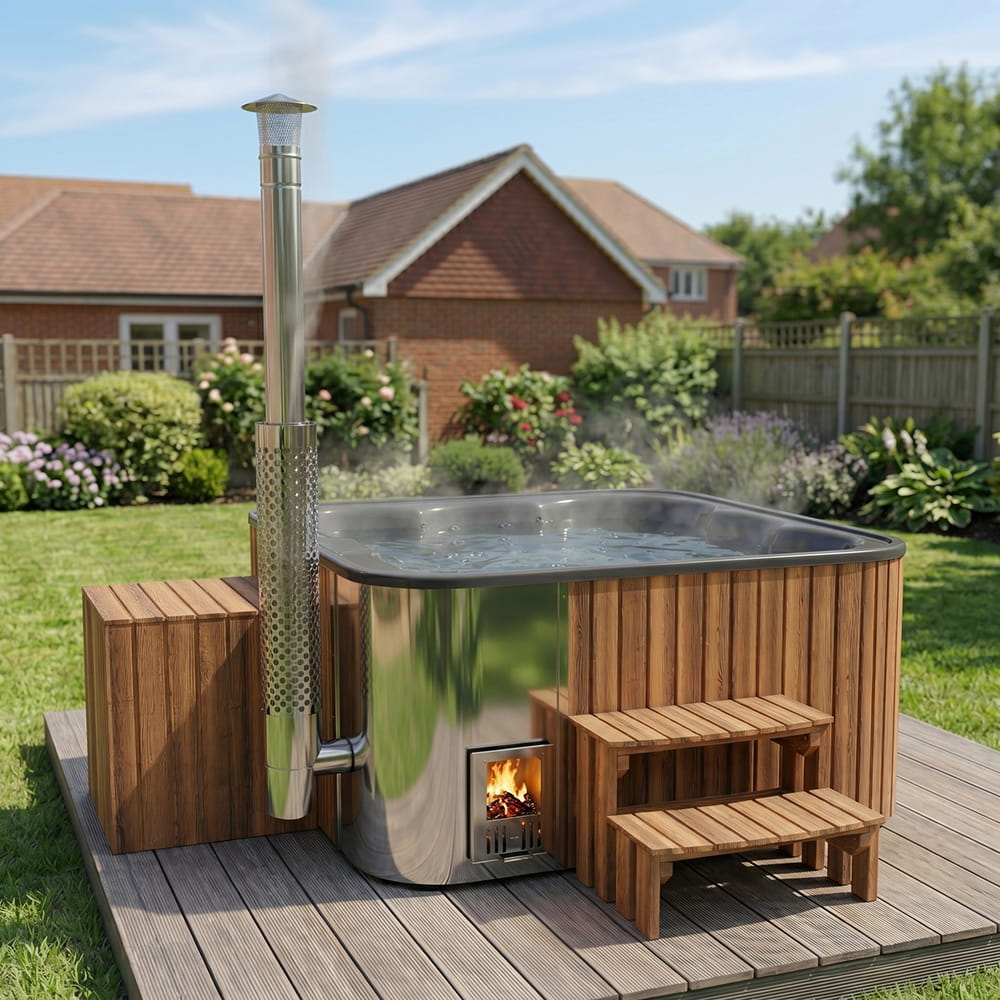 Squared wood-fired hot tub with a fire pit on a deck in a garden setting