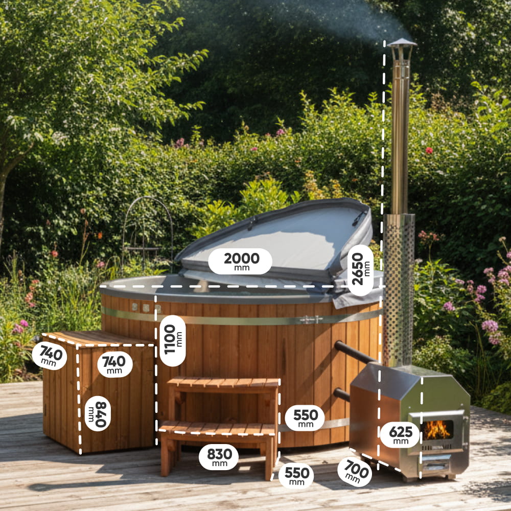 Round wood-fired hot tub with dimensions labeled outdoors on a wooden deck.