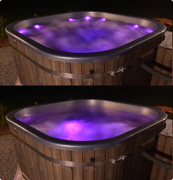 Whirlpool mit violetten LED-Leuchten in zwei verschiedenen Ausrichtungen