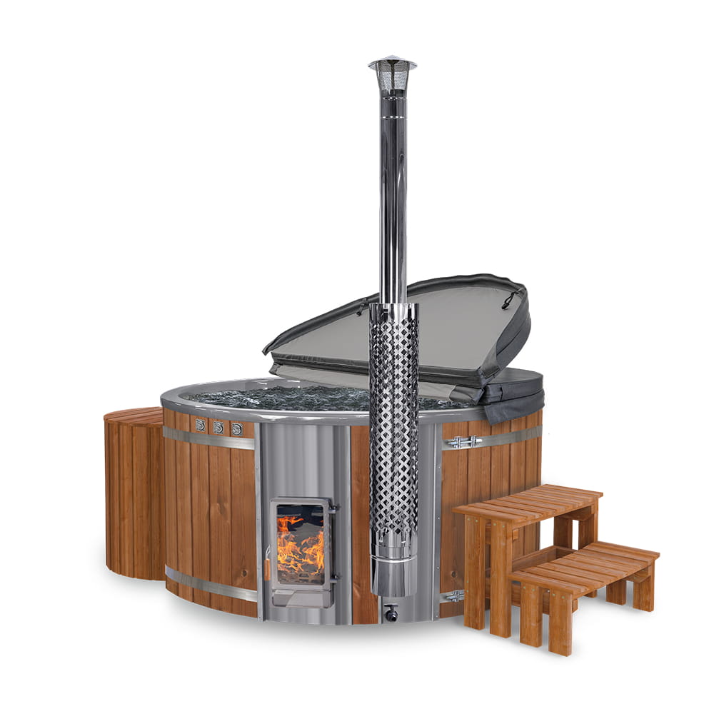 Round hot tub with integrated Verta stove, curved steps, cover, filter, and gray insert on a white background