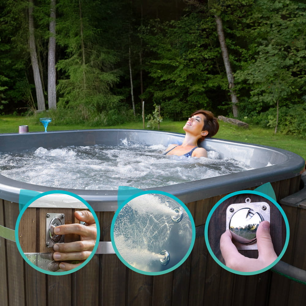 A woman bathing in a square tub with bubbling water—close-up photos demonstrate the control, operation, and adjustment of the hydro massage