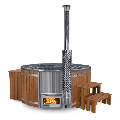 All-inclusive wood-fired hot tub with jets, Horizon stove, 4-8 seats, flame view