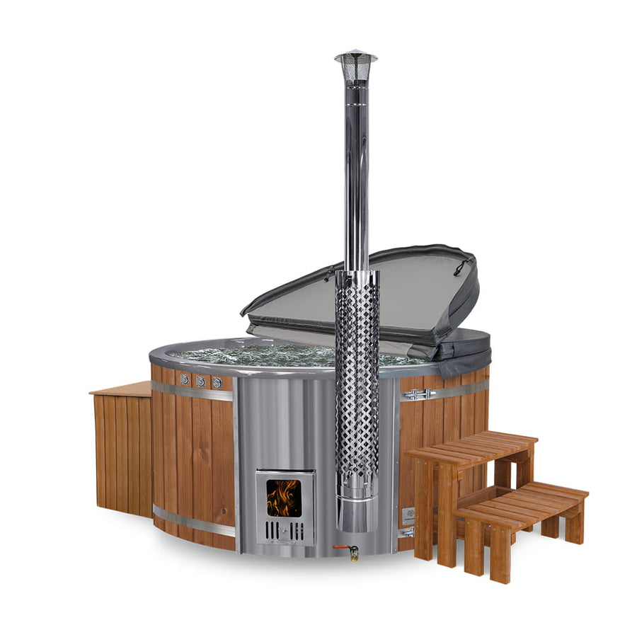 Round hot tub with integrated stove, steps, cover, filter, and gray insert on a white background