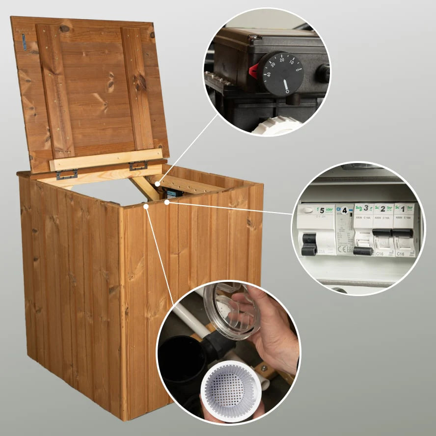 Geöffnetes Holzgehäuse eines Hot Tubs mit Detailansichten von Temperaturregelung, Sicherungen und Wasserfilter-Komponenten