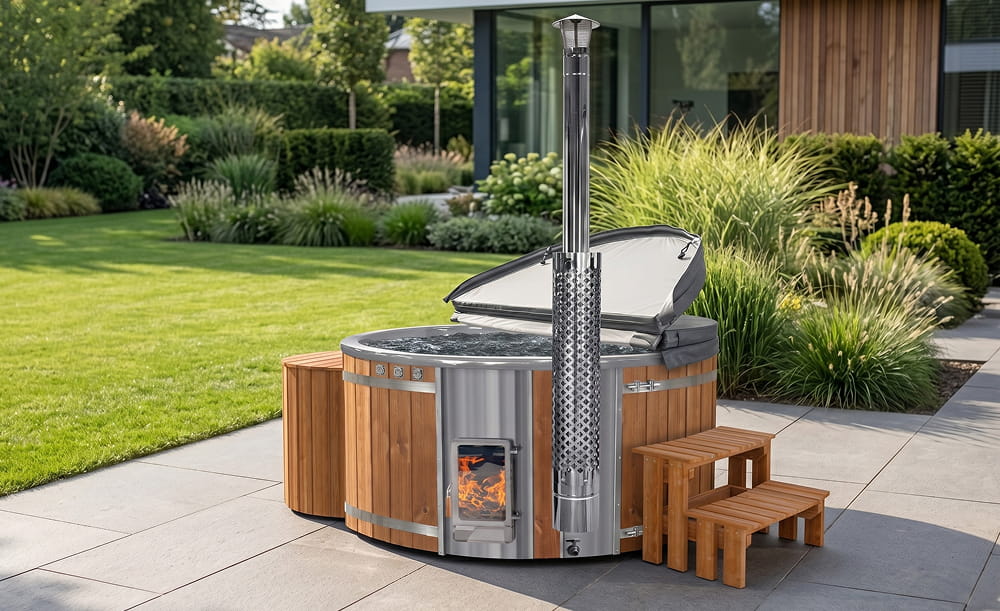 Outdoor wood-fired hot tub with Verta stove and filter in a garden setting