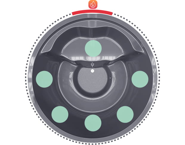 A round gray hot tub liner indicating the number and position of the seats inside 