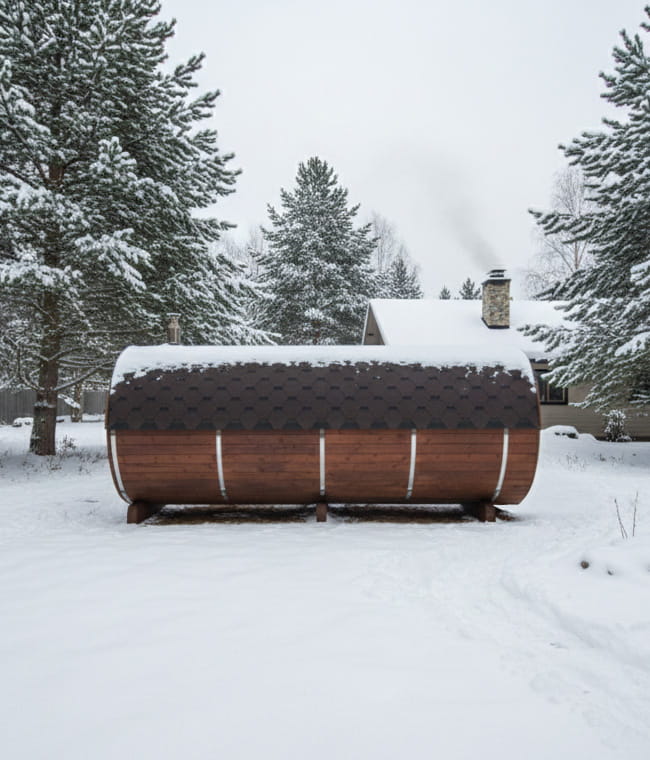 Wooden barrel-shaped in a snowy landscape with trees.