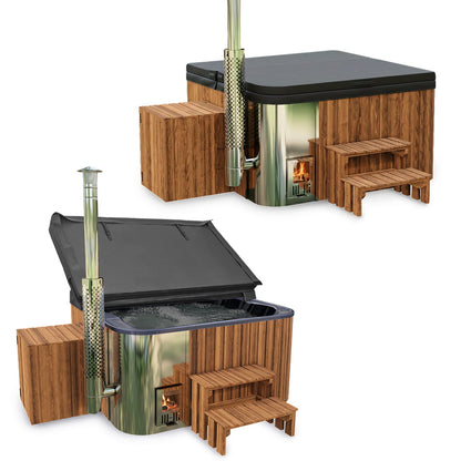 Bilder eines quadratischen Hot Tubs mit geöffneter und vollständig geschlossener Abdeckung