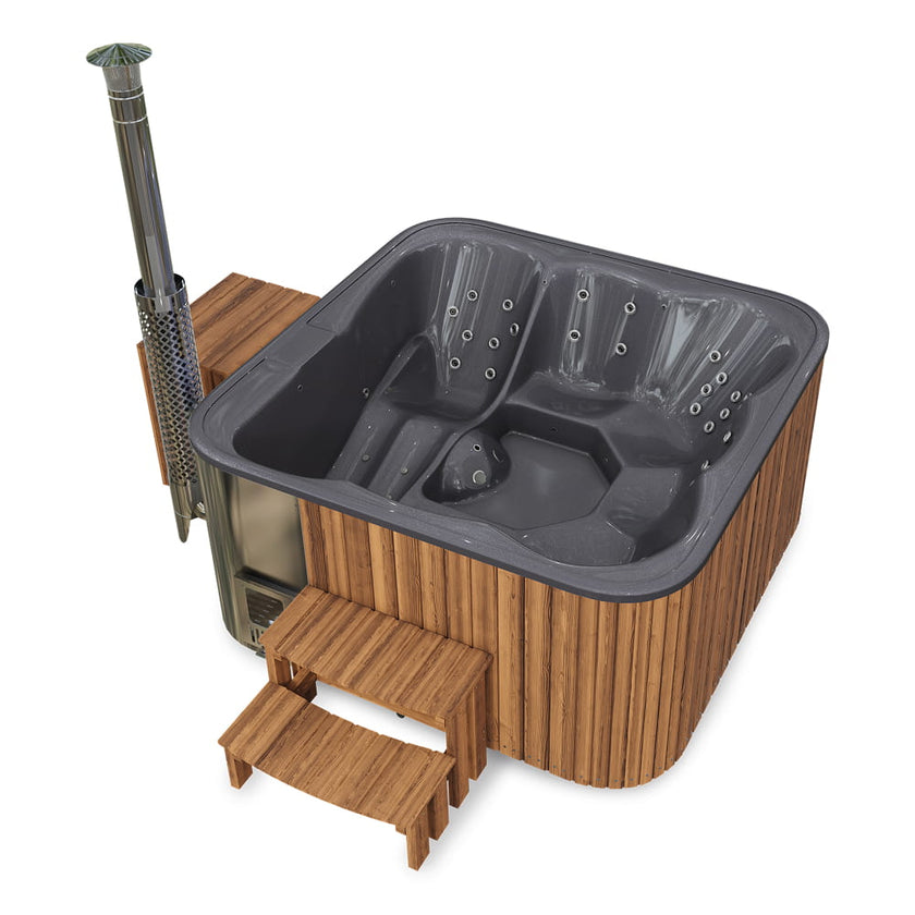 Square hot tub with lyeing position and hydro massage, wooden exterior and steps on a white background