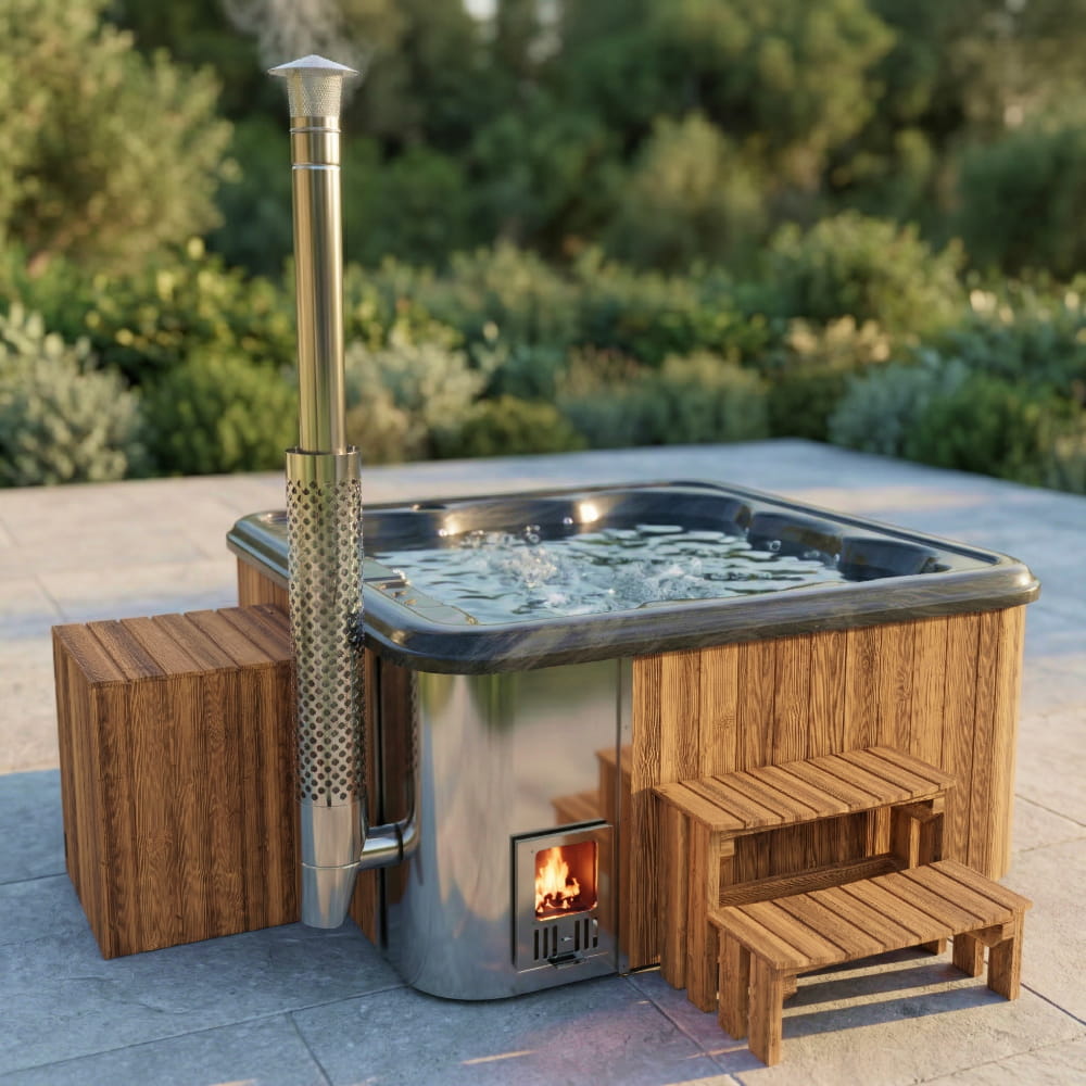 Premium Square Hot tub with wood-fired stove and wooden steps in an outdoor setting