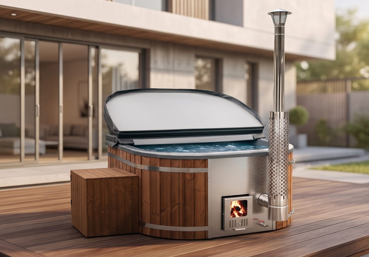 Wood-fired hot tub with metal exterior on a wooden deck