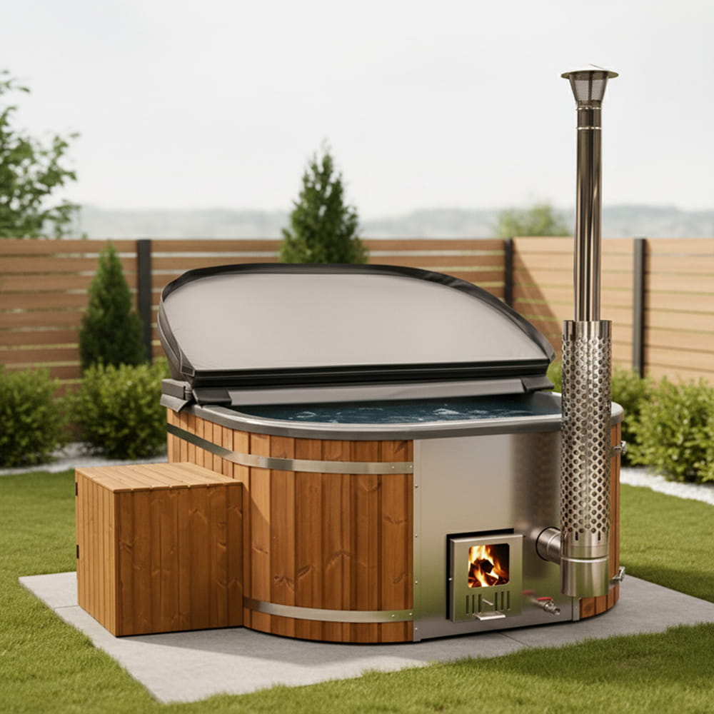 Quadratischer Hot Tub mit Abdeckung und brennendem Feuer im Ofen in einem modernen Garten