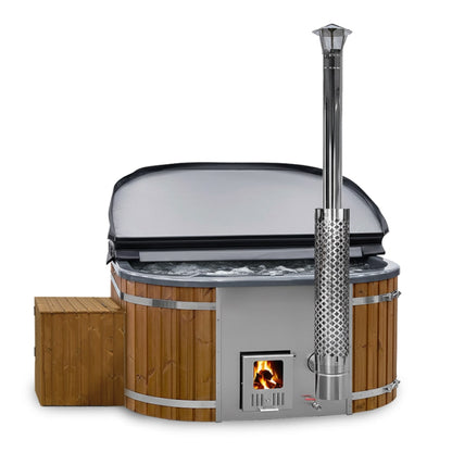Front view of square 4-6 seater wood fired hot tub with ThermoWood cladding, integrated stainless steel stove, and wooden steps