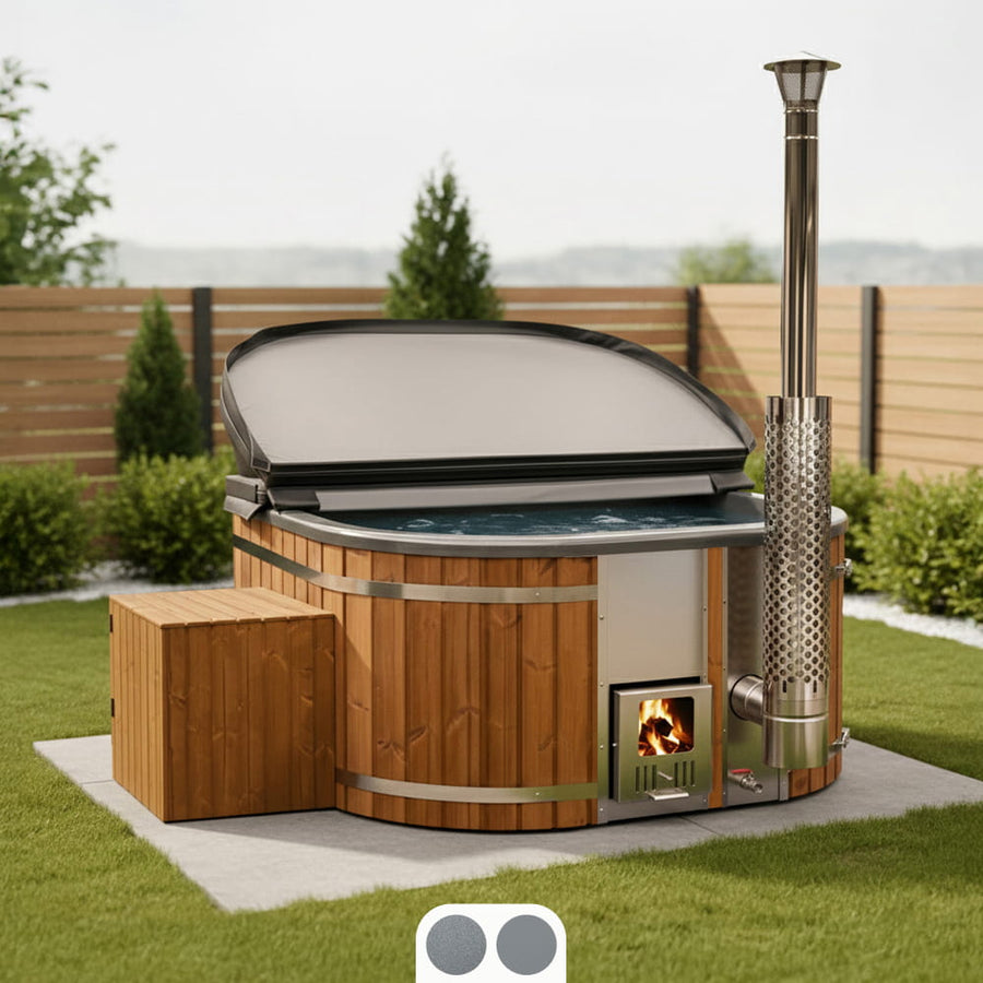 Eckiger holzbefeuerter Hot Tub mit Schornstein in einer Gartenumgebung