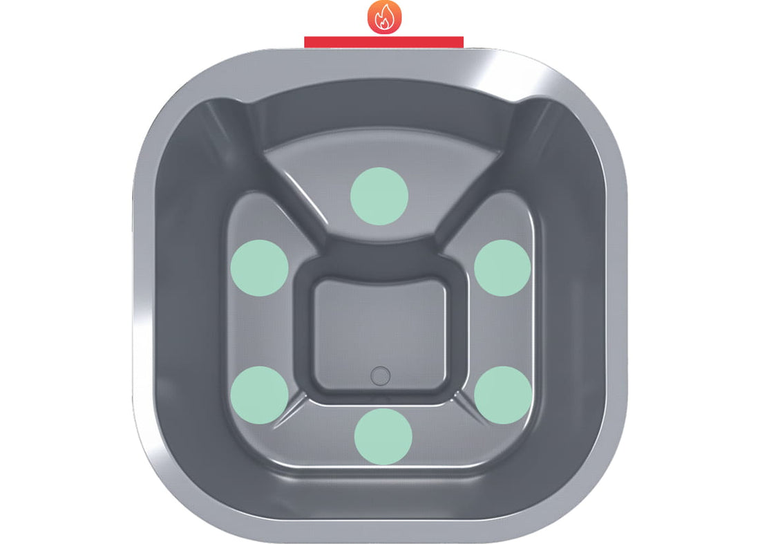A square gray hot tub liner with raised seat indicating the number and position of the seats inside 