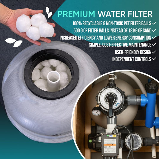 Top-down view of premium sand filter system with multi-port valve and pressure gauge for wood-fired hot tub maintenance