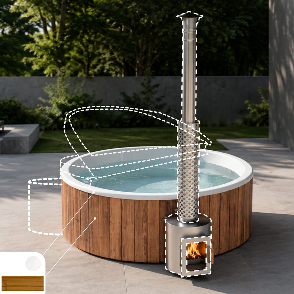 Ein runder Whirlpool mit flachem Boden, brauner Holzoptik und einem hohen Edelstahlkamin, steht auf einer Terrasse mit Bäumen und einer Mauer im Hintergrund. Weiße gestrichelte Linien markieren Teile des Whirlpools und des Kamins; unten links ist ein kleines Materialmuster zu sehen.