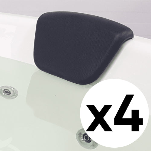 Nahaufnahme eines schwarzen, ergonomischen Kopfstützenaufsatzes, der am Rand eines weißen, mit Wasser gefüllten Whirlpools befestigt ist.
