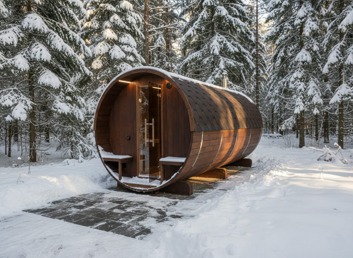 Wooden barrel-shaped cabin in a snowy forest