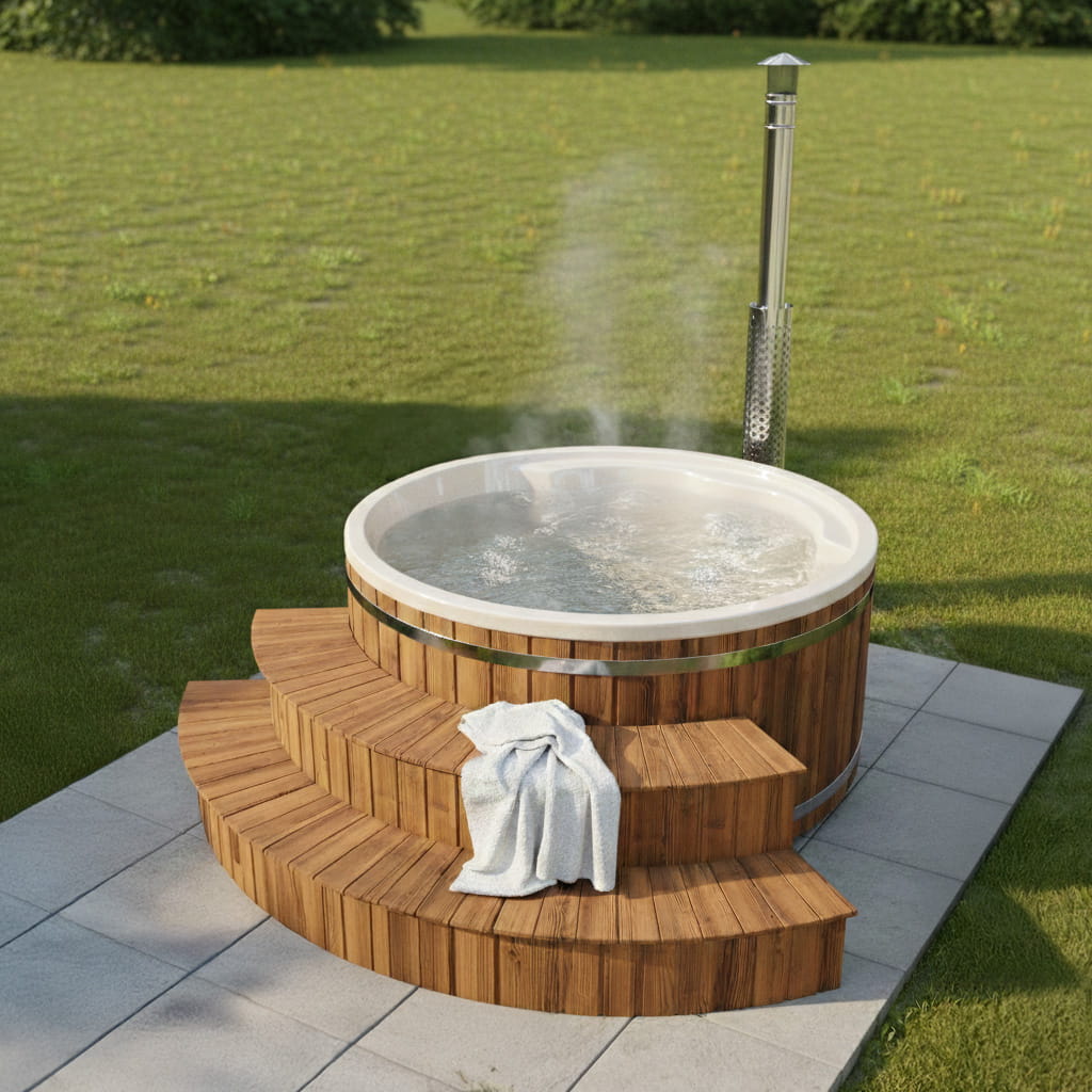 Outdoor-Hot-Tub mit breiten, vollständig verkleideten Treppenstufen und einem Handtuch auf einer Rasenfläche