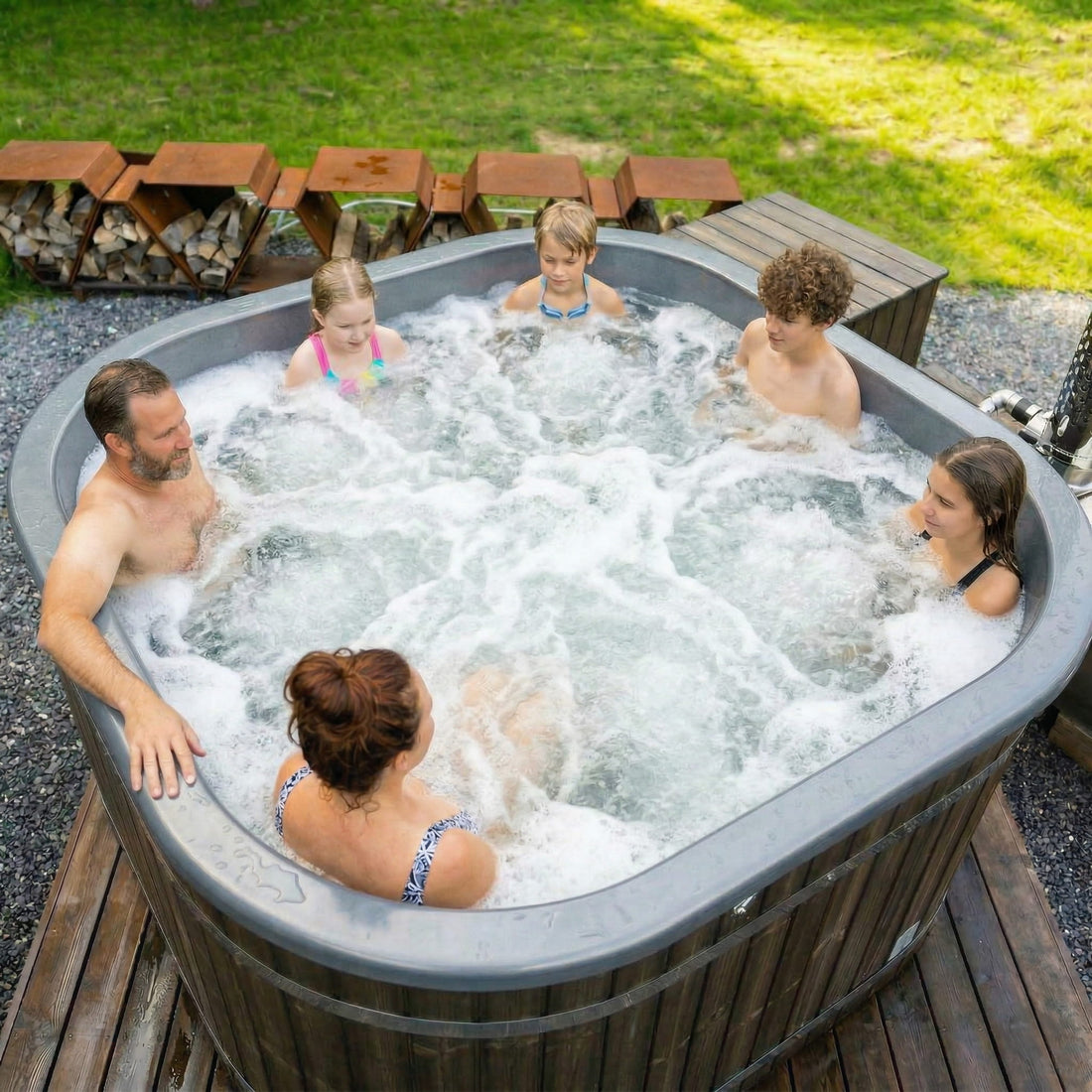 Familie genießt einen Hot Tub im Außenbereich an einem sonnigen Tag