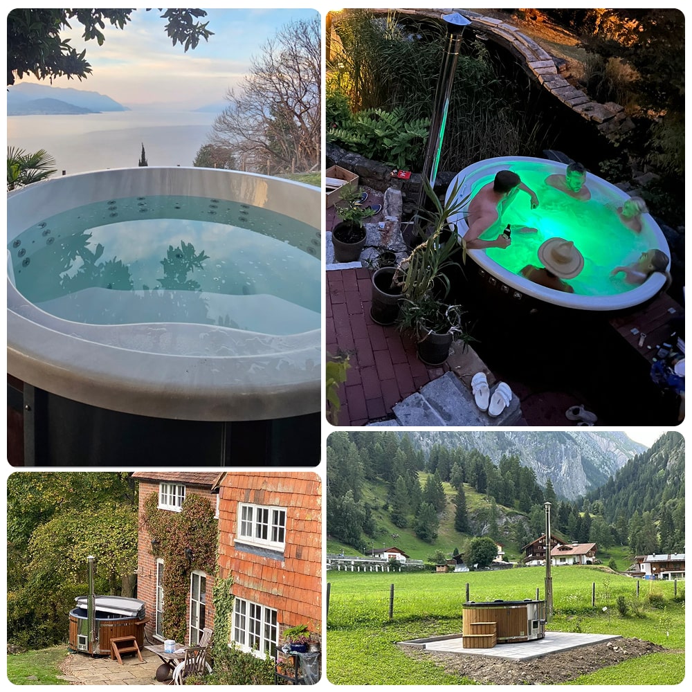 Real customer photos of wood-fired hot tubs installed outdoors in gardens, terraces, and scenic locations.