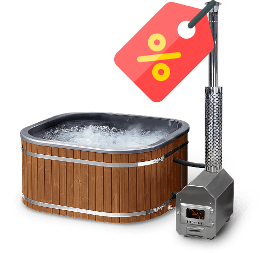 Side view of wood fired hot tub with water bubbling, featuring metal stove and chimney isolated on white background - discount