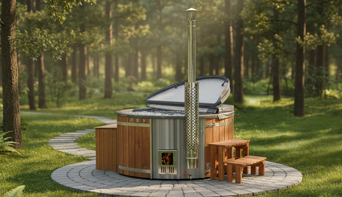 Wood-fired hot tub in a forest setting with trees and greenery around.