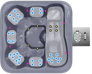 Top view of a square hot tub with hydro massage seating areas