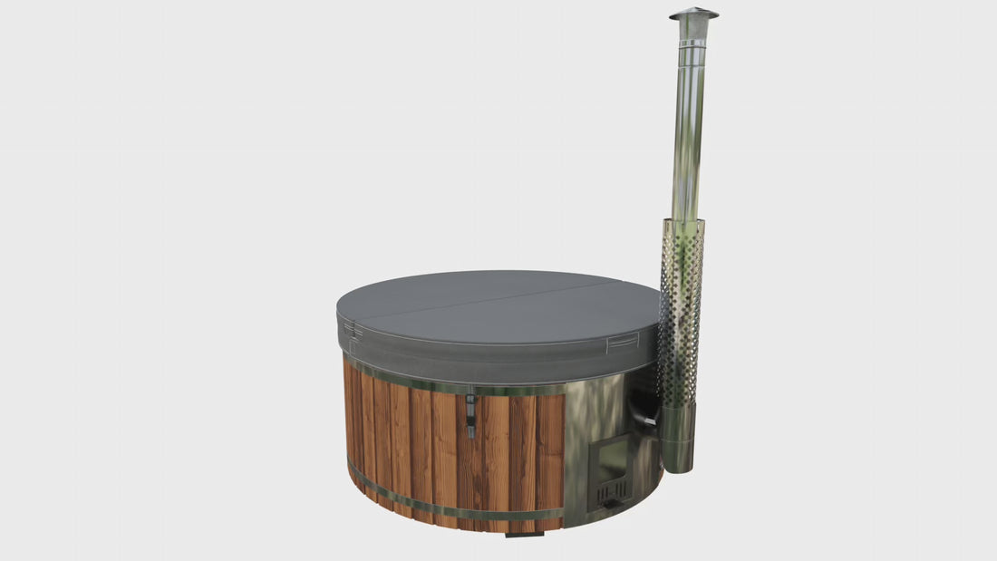 A depiction of the hot tub with a cover—showing how the cover is removed and placed nearby