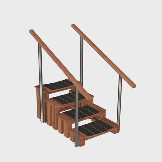 Außenansicht des runden, holzbefeuerten Ofens hot tub mit Edelstahlkamin, Holzstufen und passender Überdachung auf der Terrasse