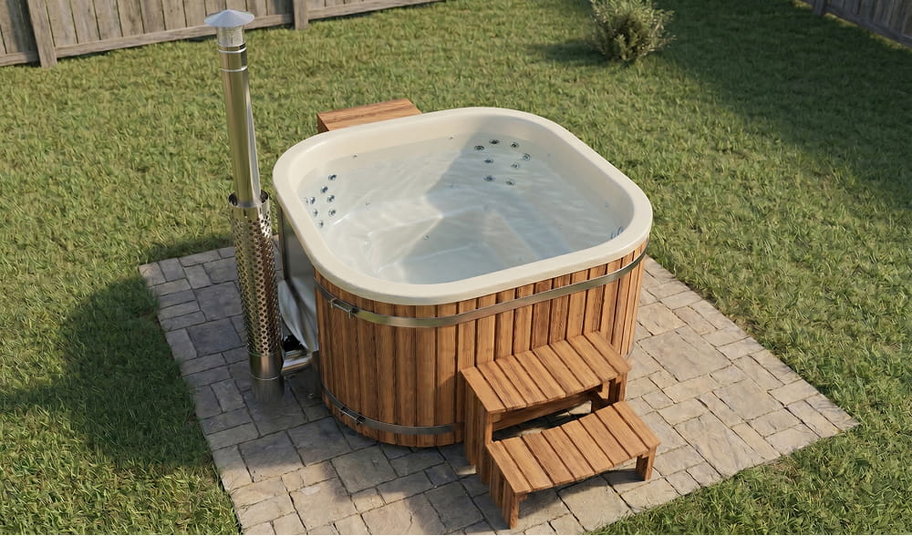 Hot Tub mit Horizon-Ofen, weißer Sparkle-Innenwanne und Hydro-Massagedüsen im Garten